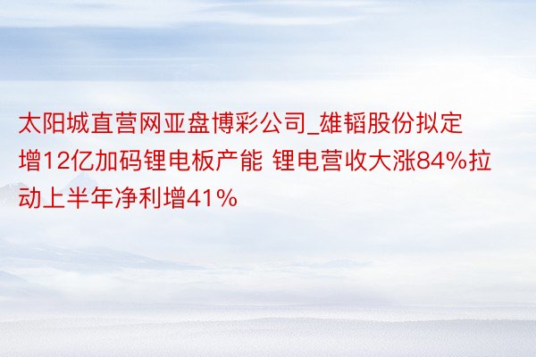 太阳城直营网亚盘博彩公司_雄韬股份拟定增12亿加码锂电板产能 锂电营收大涨84%拉动上半年净利增41%